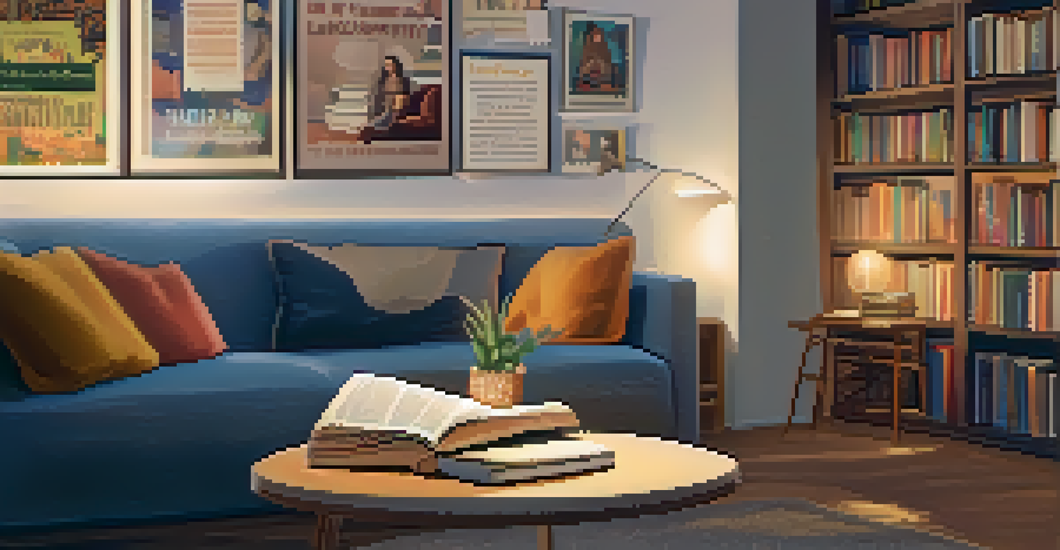 A cozy reading nook with books on disability activism, featuring soft cushions and warm lighting. An open book and a digital tablet displaying a documentary create an inviting atmosphere for reflection.