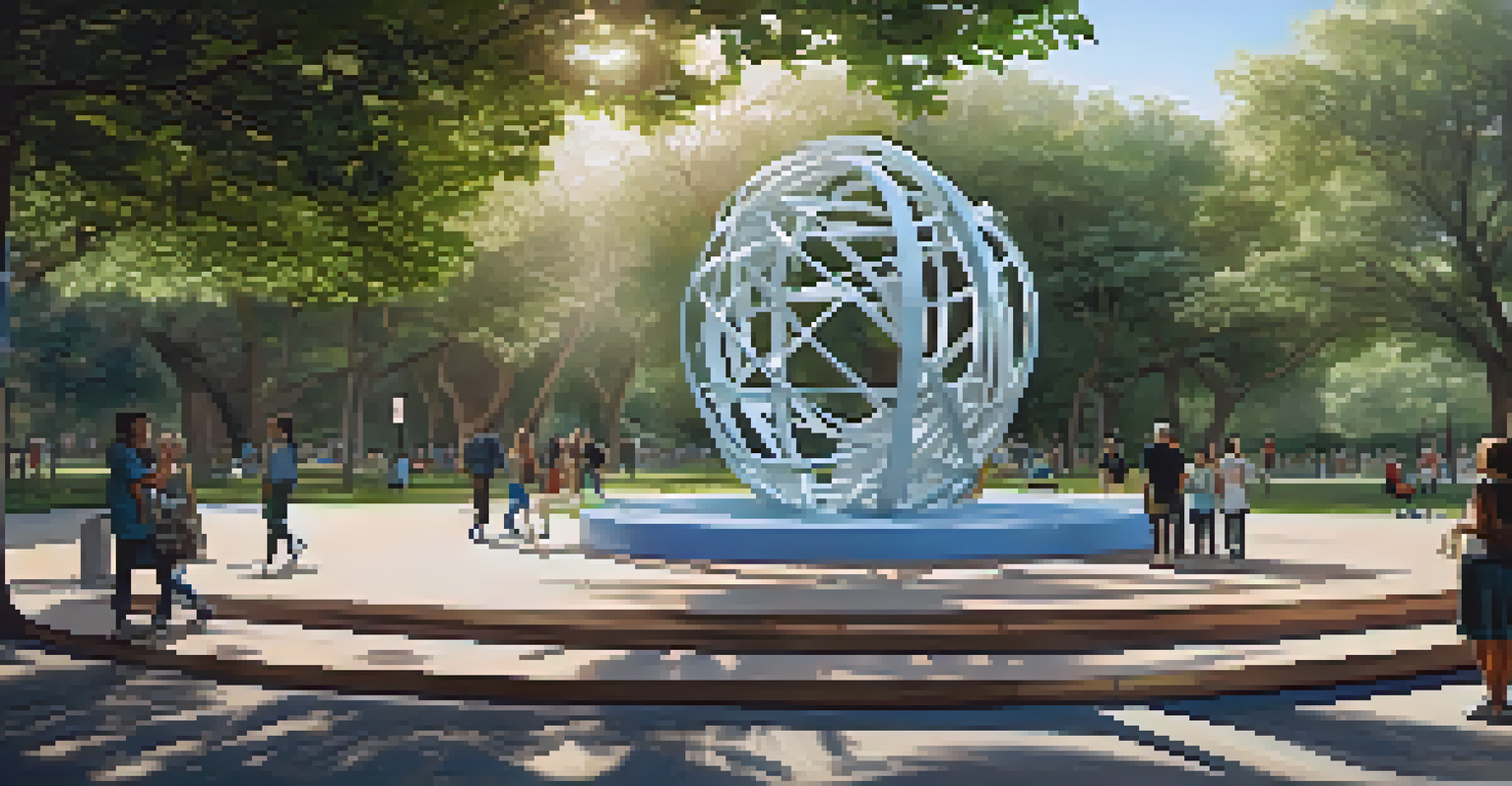 An interactive public art installation in a park made of recycled materials, surrounded by people reflecting on its meaning.