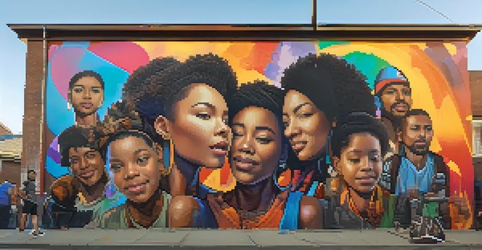 A colorful street mural showing a diverse group of people participating in a peaceful protest, illuminated by sunset light, with symbols of social justice.