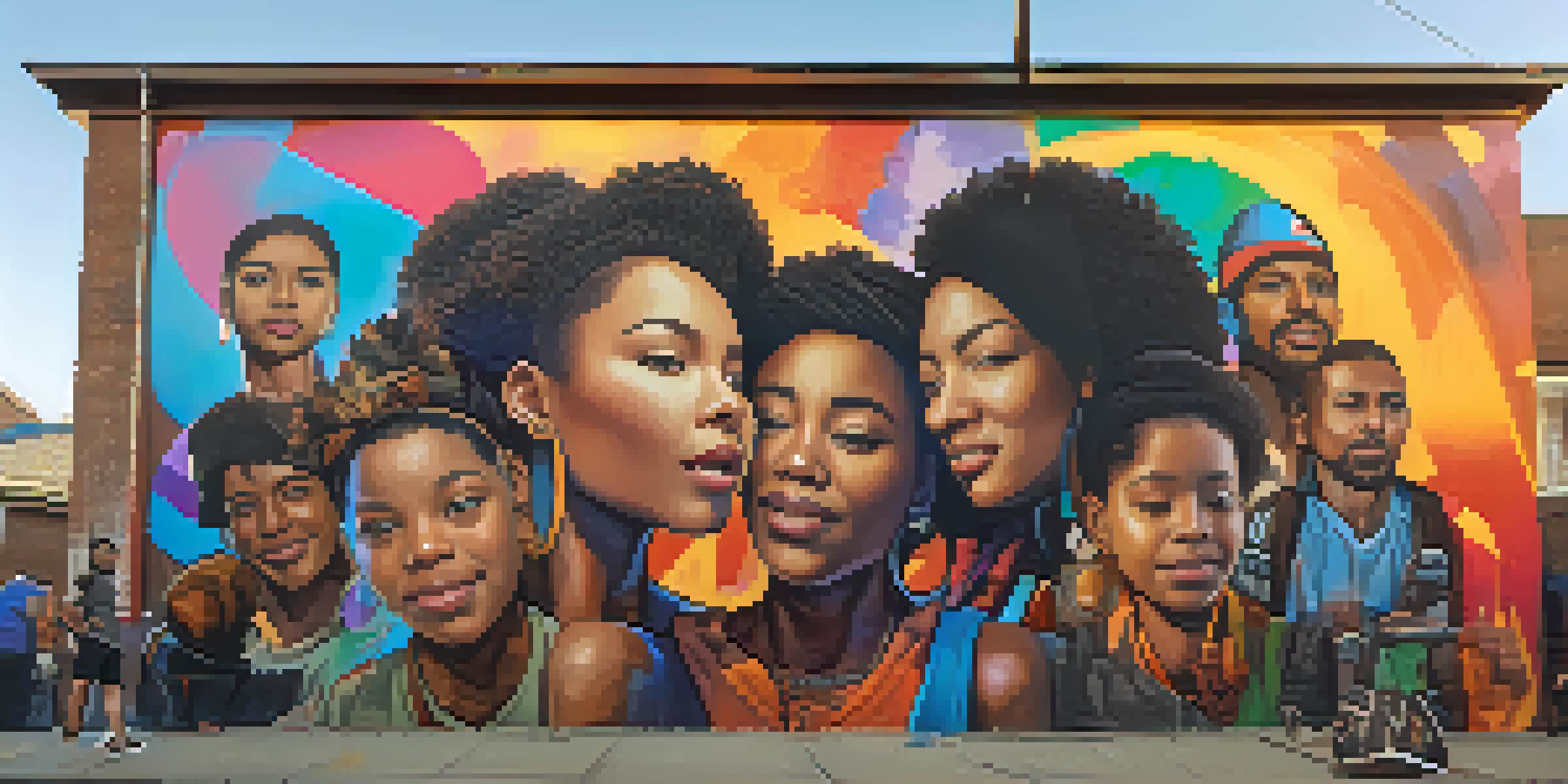 A colorful street mural showing a diverse group of people participating in a peaceful protest, illuminated by sunset light, with symbols of social justice.