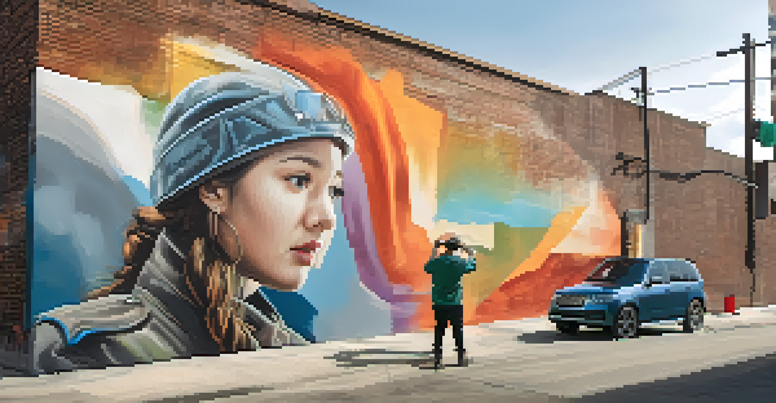 An artist painting a large mural on a city wall, showcasing a brand's logo in an urban environment.