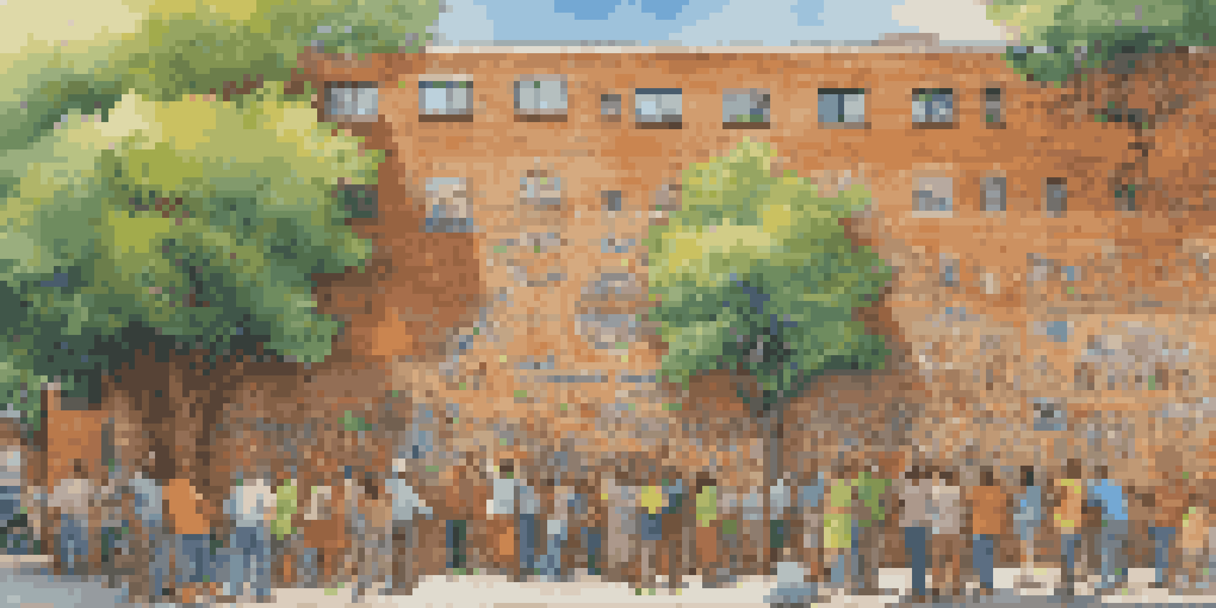 A colorful mural on a brick wall showing diverse individuals in conversation, surrounded by greenery and illuminated by sunlight.