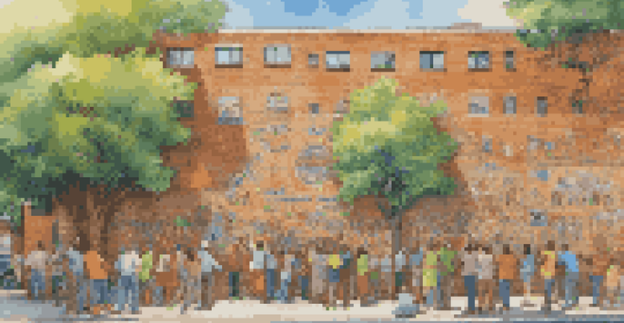 A colorful mural on a brick wall showing diverse individuals in conversation, surrounded by greenery and illuminated by sunlight.