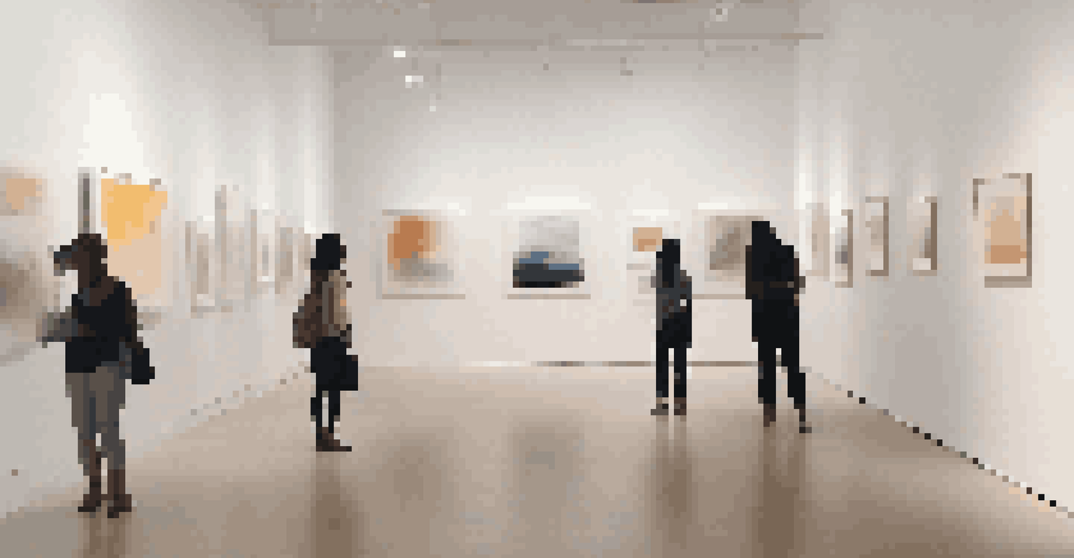 An elegant art gallery with a dedicated exhibition for underrepresented artists, featuring thought-provoking artwork displayed under soft lighting, with visitors engaging in reflection.