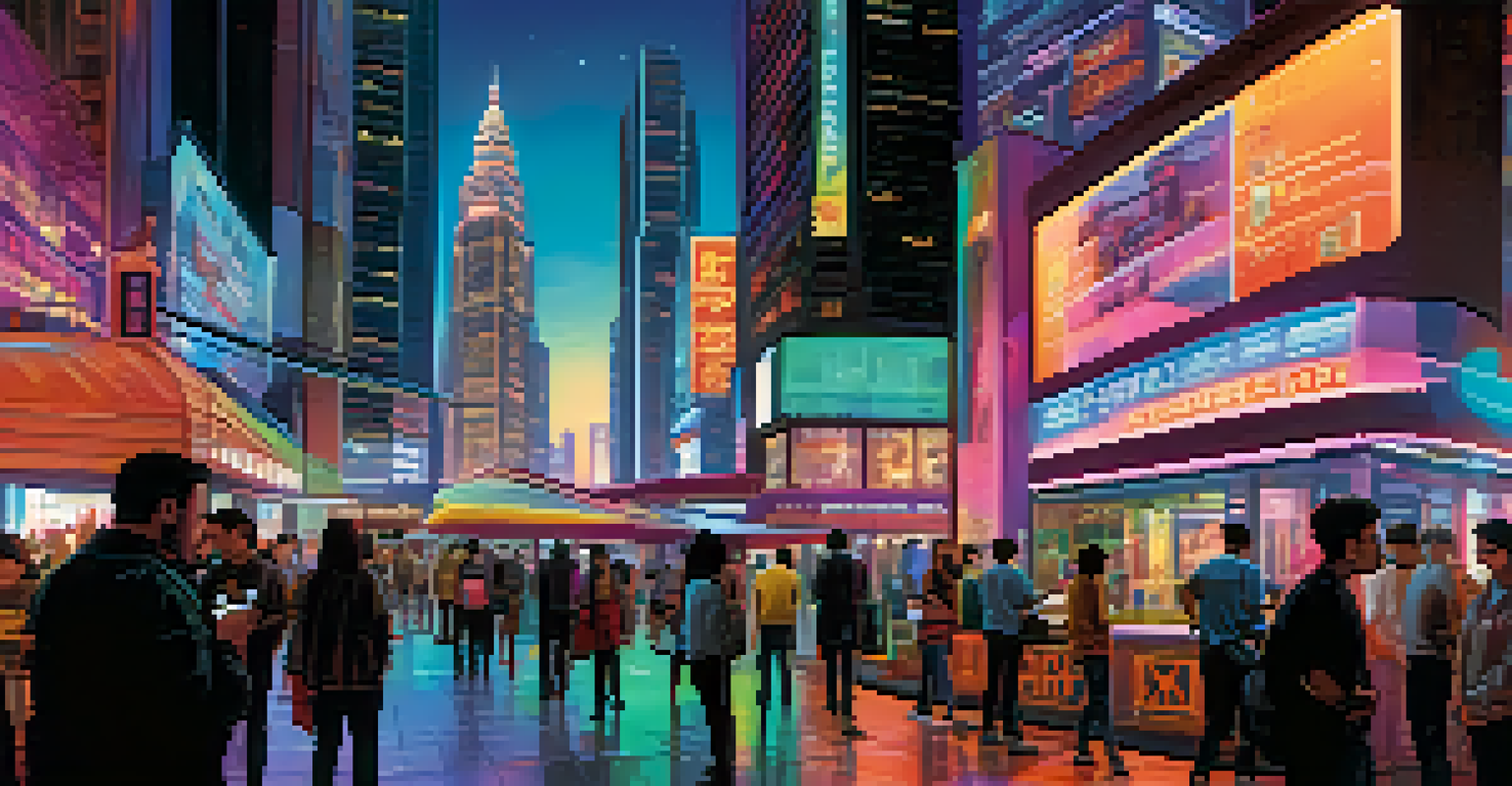A vibrant futuristic city at night with neon lights, holograms, and people using augmented reality devices.