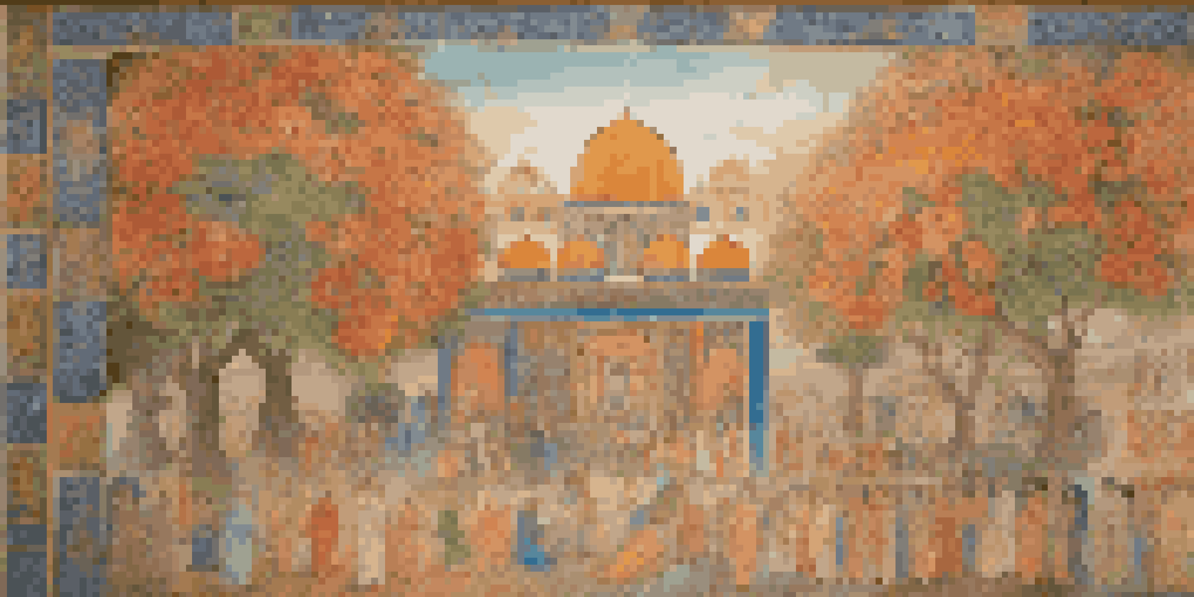 A colorful mural showcasing an ancient Persian ritual with flowers, landscapes, and symbolic motifs under warm sunlight.