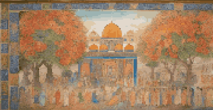 A colorful mural showcasing an ancient Persian ritual with flowers, landscapes, and symbolic motifs under warm sunlight.