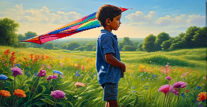 A young refugee child in a green field holding a colorful kite, looking hopeful with wildflowers around them under a blue sky.