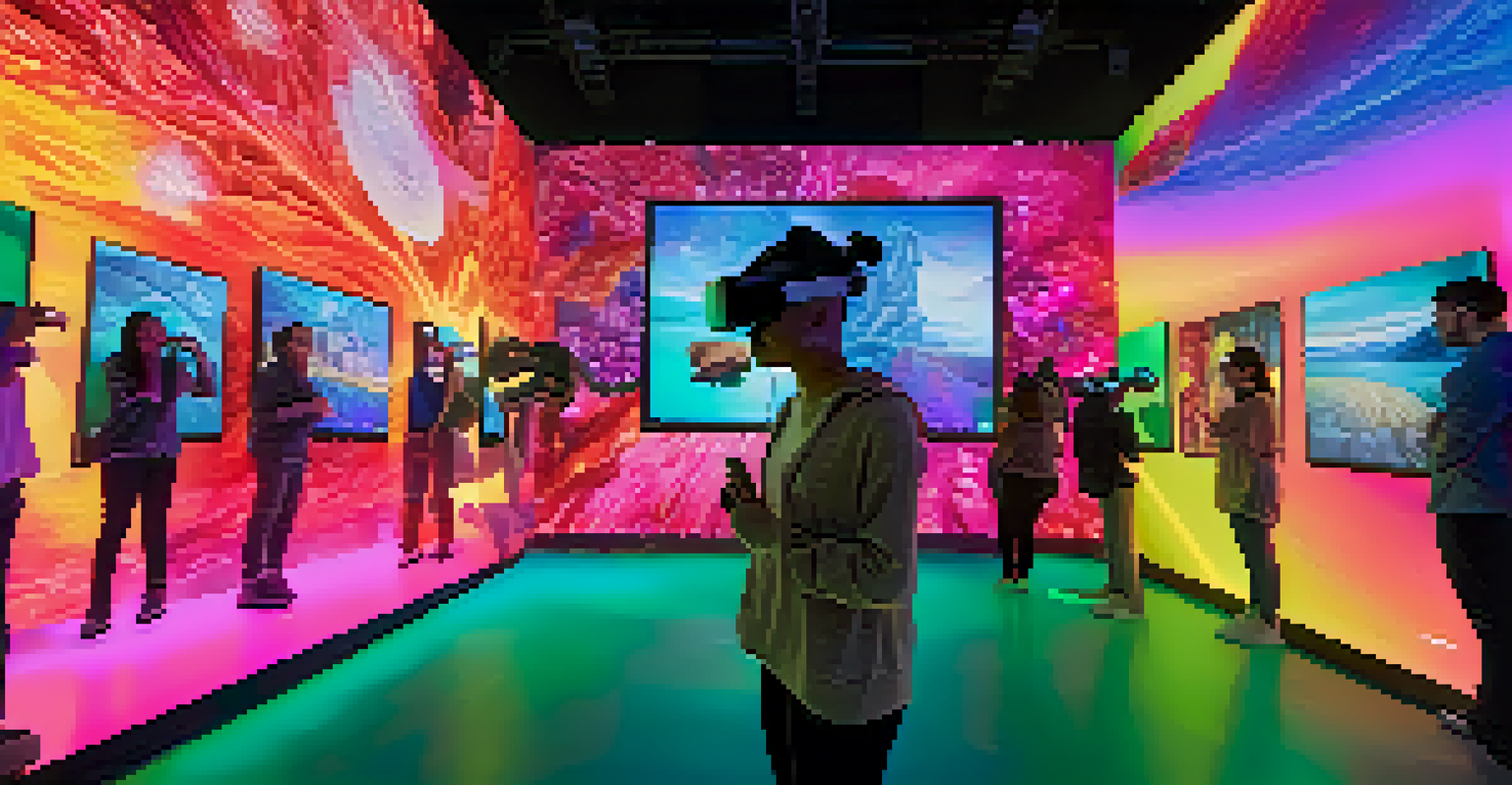 A digital art installation with holographic images representing diverse identities, surrounded by viewers interacting with the display.