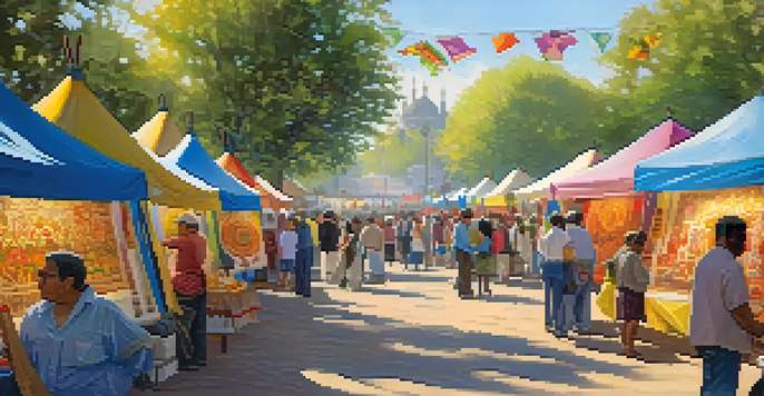 A lively art festival with traditional artisans demonstrating their craft in a sunny park filled with colorful stalls and a diverse crowd.