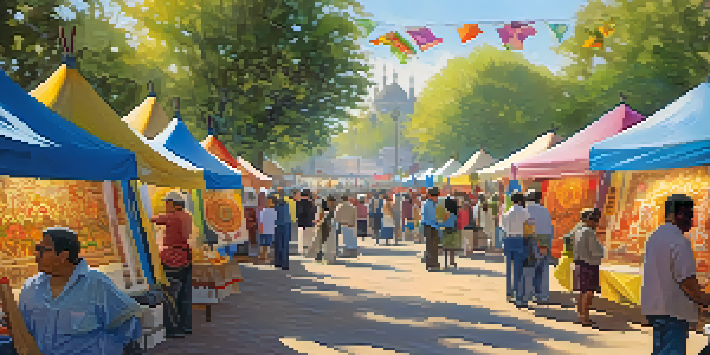A lively art festival with traditional artisans demonstrating their craft in a sunny park filled with colorful stalls and a diverse crowd.