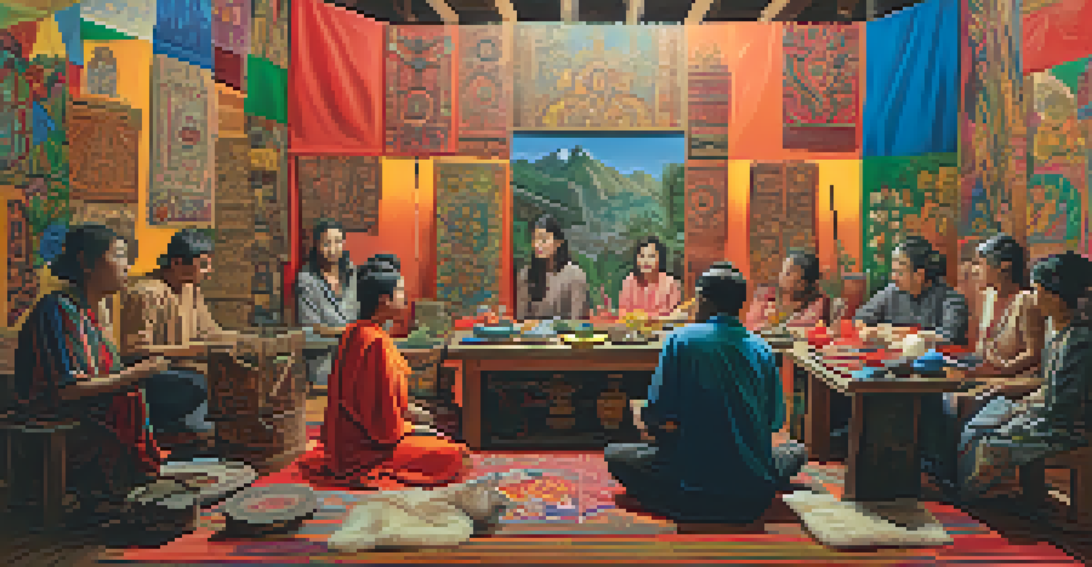 Artists from diverse backgrounds collaborating in a studio filled with folklore-inspired artworks and cultural motifs.