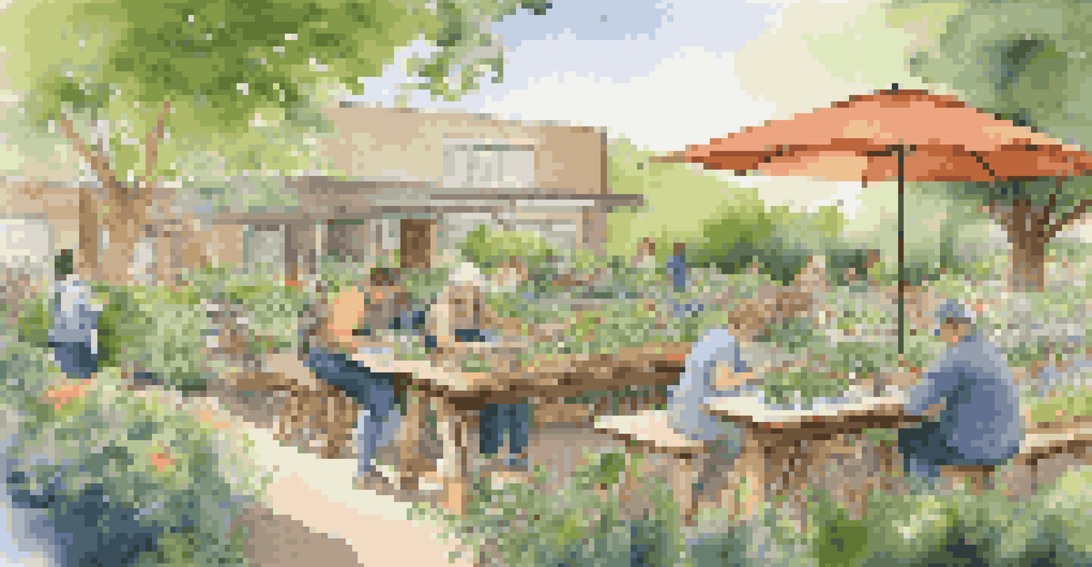 A peaceful community garden scene with individuals creating art surrounded by vibrant flowers and greenery, showcasing a connection to health and nature.