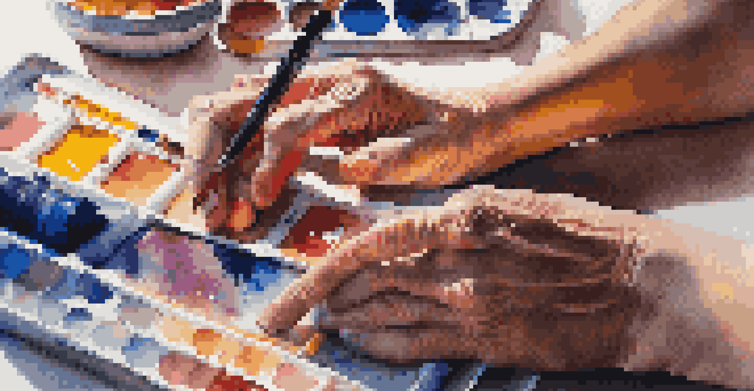 Close-up of an artist's hands painting on a canvas with a colorful palette, in a softly lit art studio.