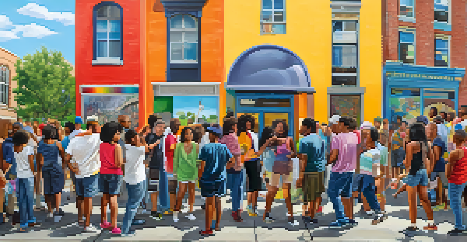 A diverse group of people working together to create a vibrant community mural.