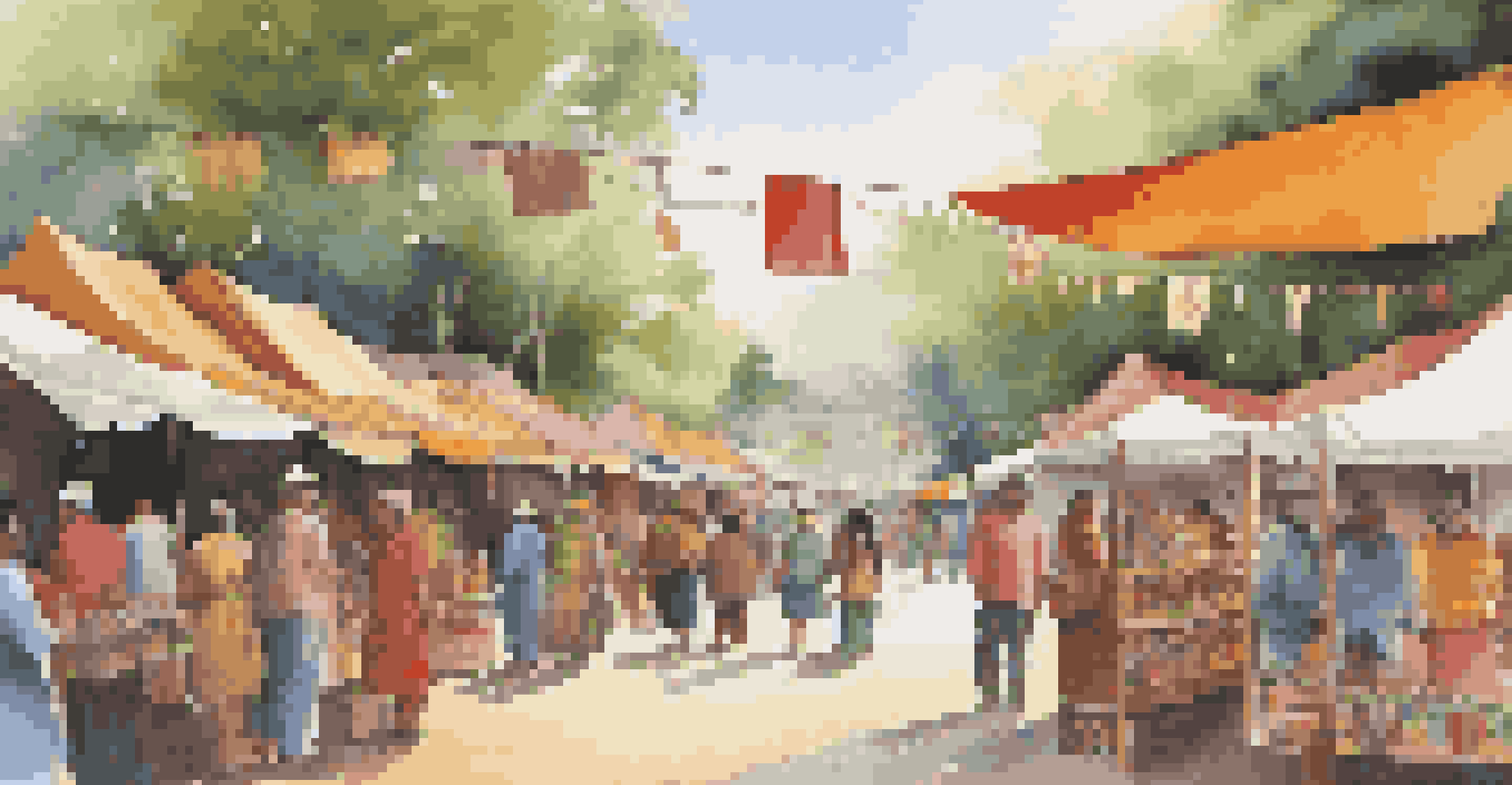 An indigenous art market with artists showcasing colorful handmade crafts and artworks in a lively setting.