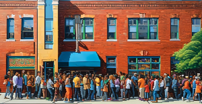 A colorful urban mural representing community diversity, painted on a brick wall, with people observing and trees in the foreground.