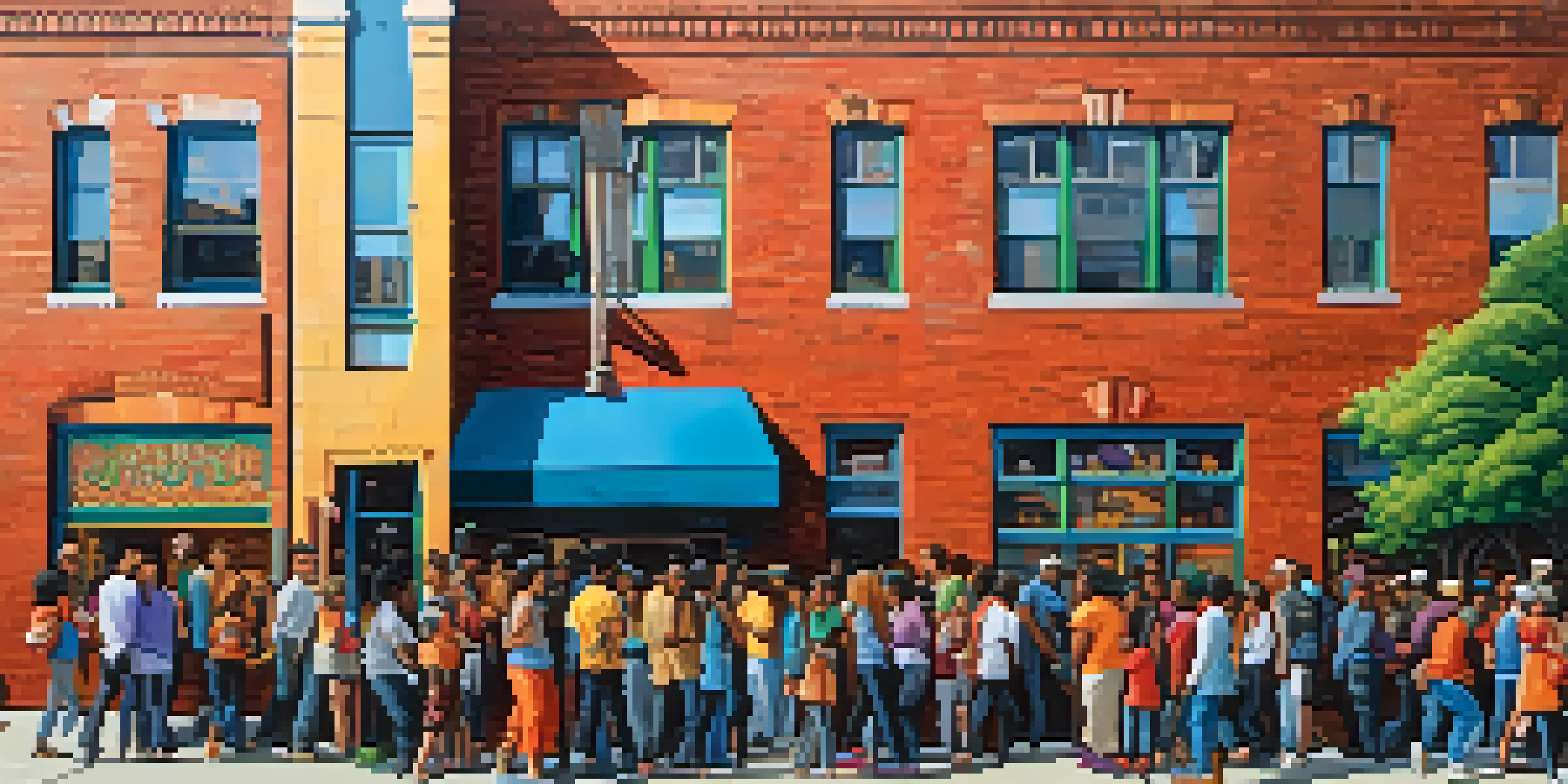 A colorful urban mural representing community diversity, painted on a brick wall, with people observing and trees in the foreground.