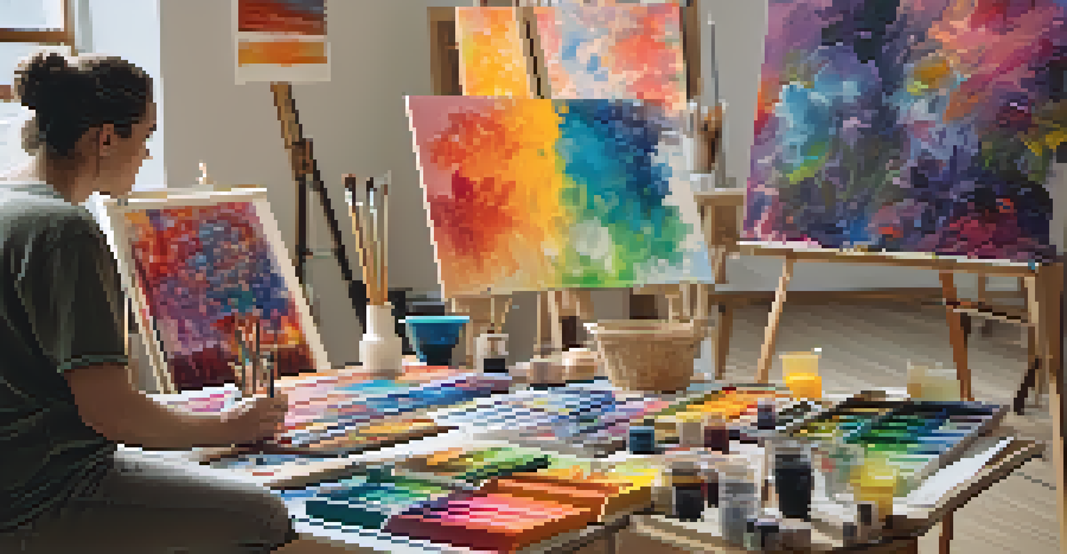 An adult engaged in art therapy, painting on a canvas in a peaceful studio filled with art supplies.