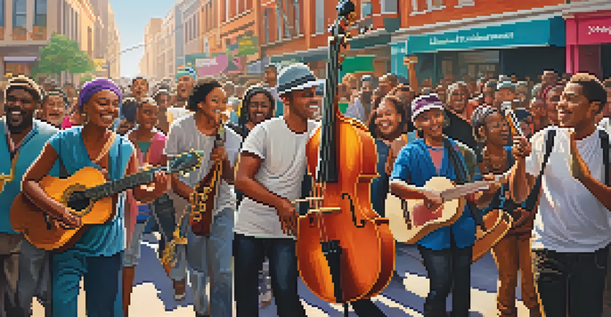 A diverse group of musicians performing at a social justice rally, surrounded by colorful banners and a warm sunlight.