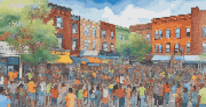 A diverse group of people painting a colorful mural together in an urban setting, symbolizing community and unity.