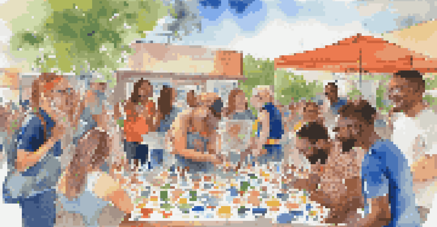 A lively outdoor community art workshop with diverse participants creating large canvases, highlighting collaboration and creativity under a bright blue sky.