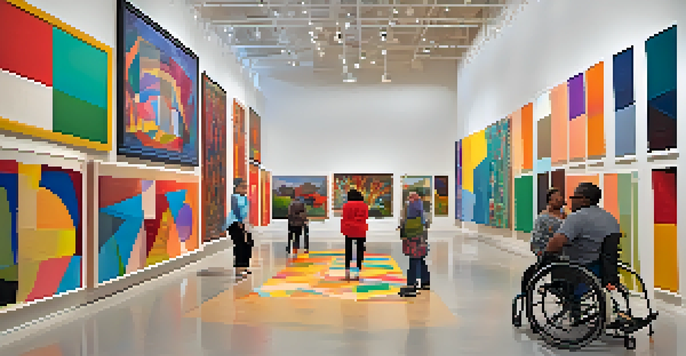 A bright gallery filled with mixed media art pieces depicting disability experiences. Natural light highlights the textures of the artwork, while diverse visitors engage in conversation.