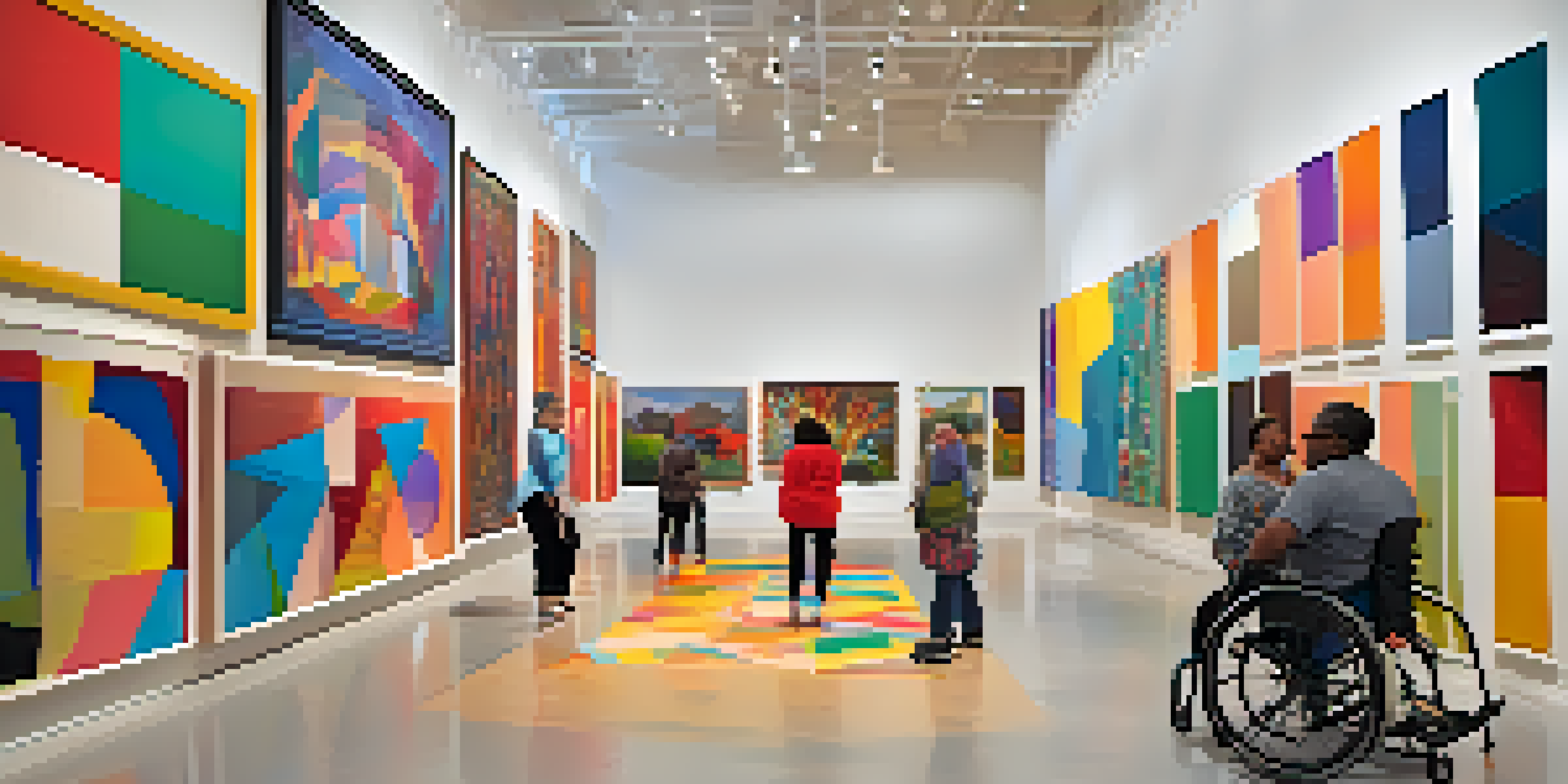 A bright gallery filled with mixed media art pieces depicting disability experiences. Natural light highlights the textures of the artwork, while diverse visitors engage in conversation.