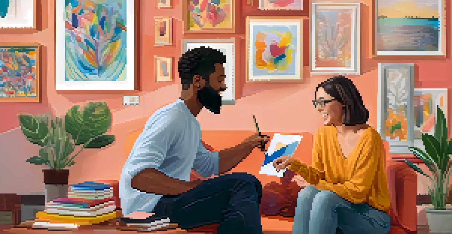 Art therapist and client in a cozy space surrounded by art supplies, engaged in a supportive discussion about emotions while looking at a piece of artwork.