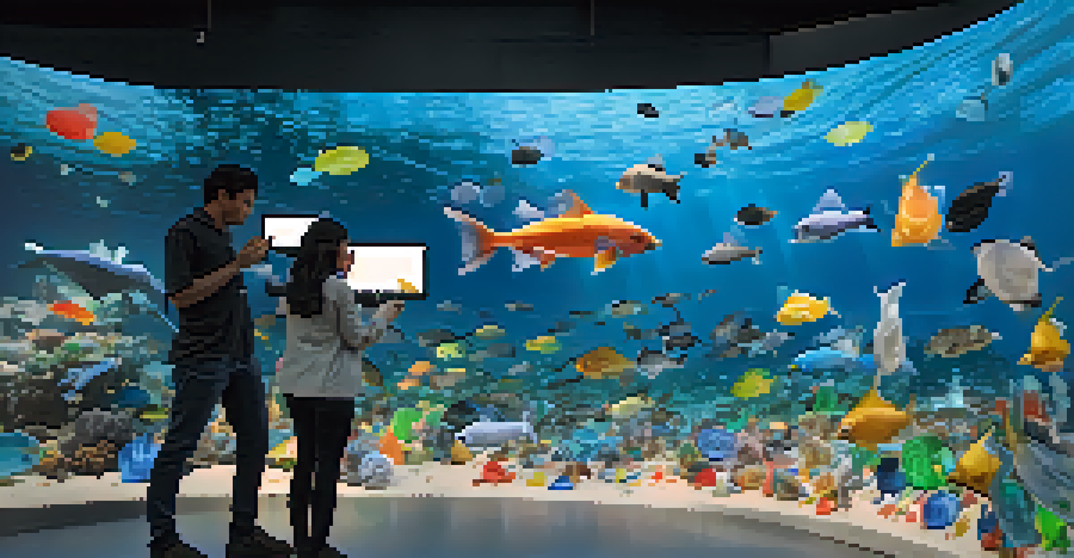 An interactive digital installation showing plastic waste affecting marine life, with viewers engaging with the display.