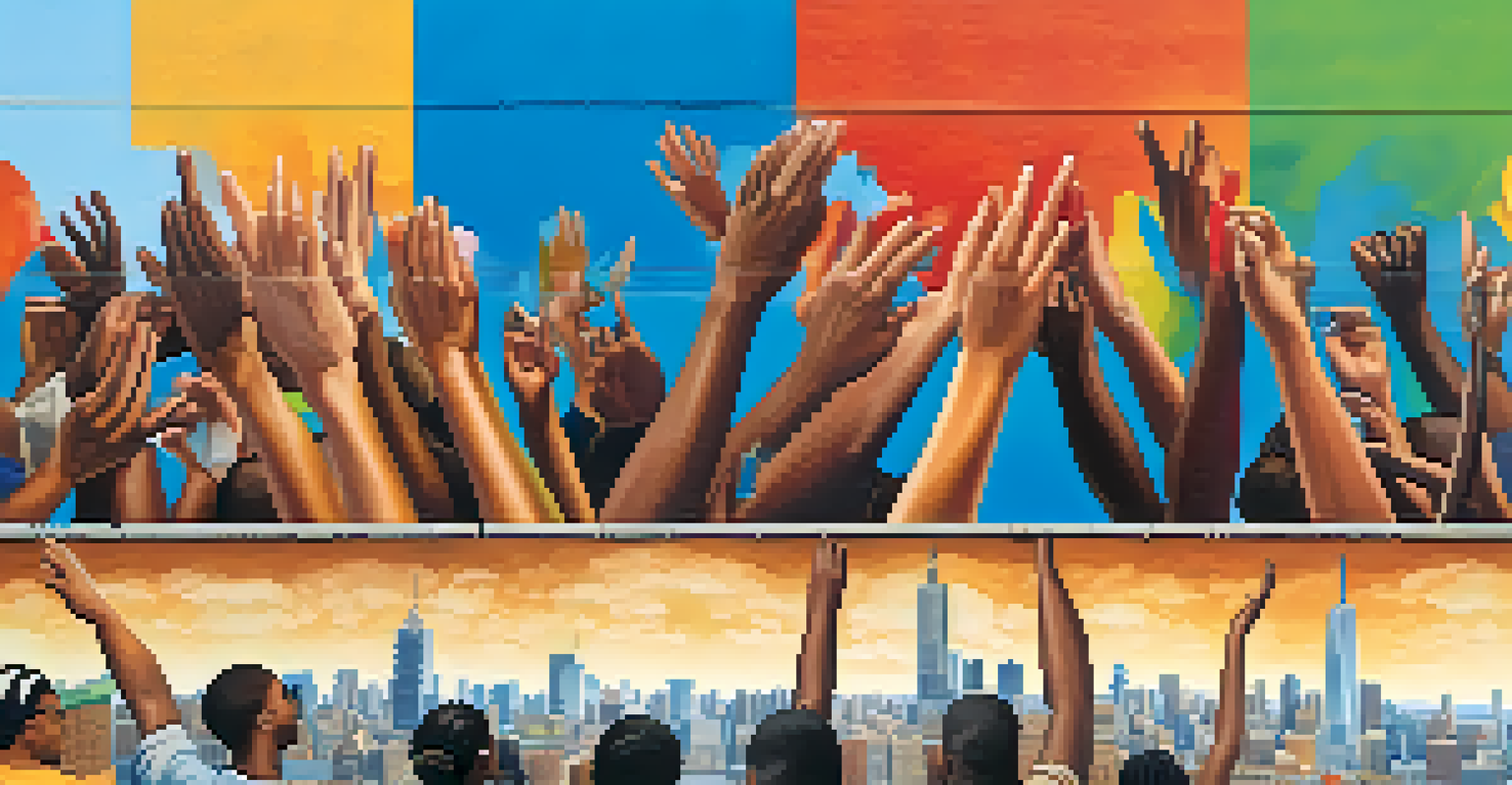 Hands of diverse individuals painting a colorful mural on a city wall, symbolizing unity.