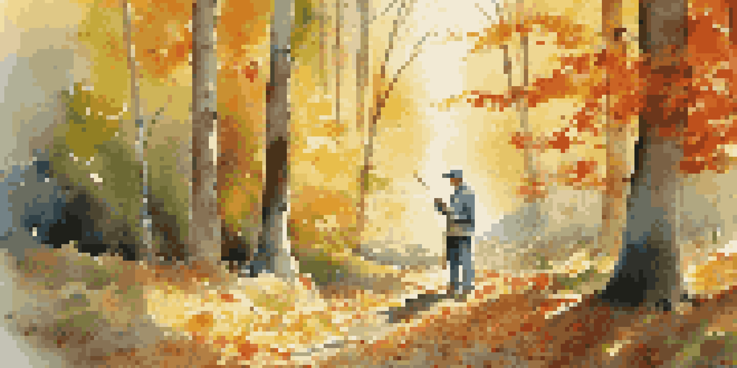 A painter in a tranquil forest setting, creating art under dappled sunlight among colorful autumn leaves.