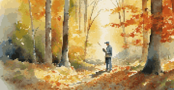 A painter in a tranquil forest setting, creating art under dappled sunlight among colorful autumn leaves.