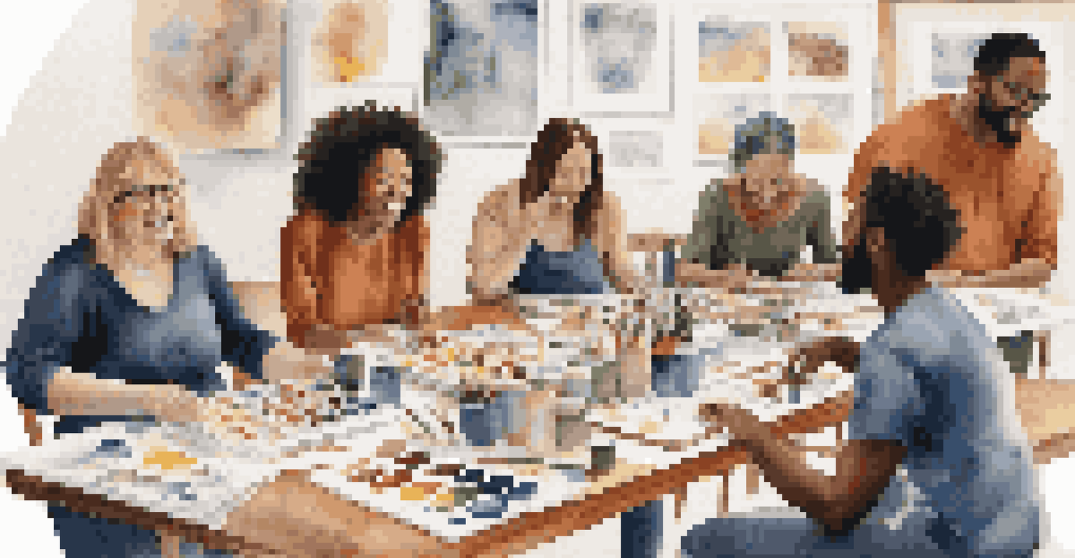 A diverse group of artists collaborating in a community art class, sharing ideas and laughter.
