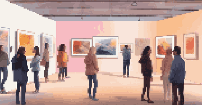 A virtual gallery filled with colorful abstract artworks, illuminated by warm lighting, with diverse visitors interacting with digital screens.