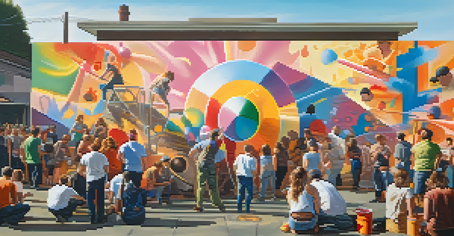 An artist creating a mural on a wall, surrounded by onlookers, with the sun setting in the background, casting golden light on the scene.