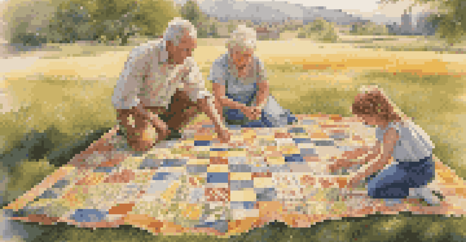 A colorful family quilt displayed on grass, with children playing and an elder sharing stories about its patterns.