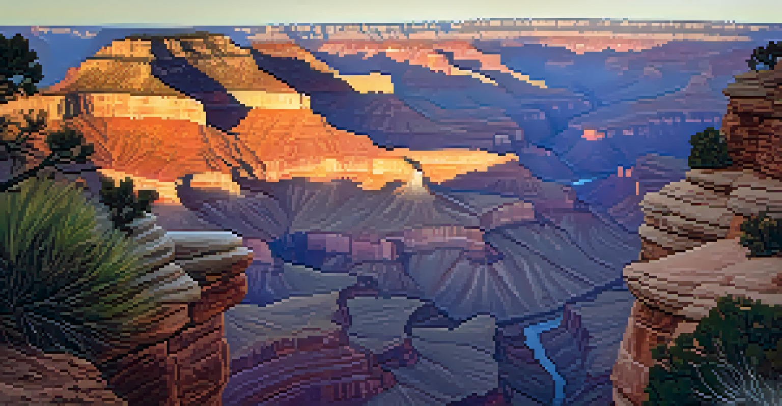 A photographer at the Grand Canyon during sunset, capturing the vibrant colors of the sky and the majestic rock formations.