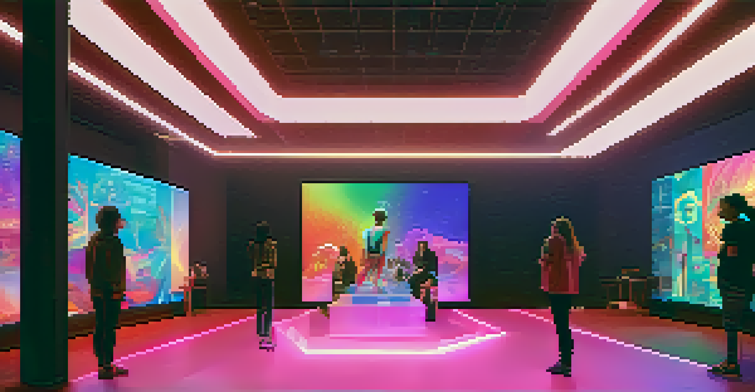 A vibrant digital performance art scene with holographic imagery and an engaged virtual audience.