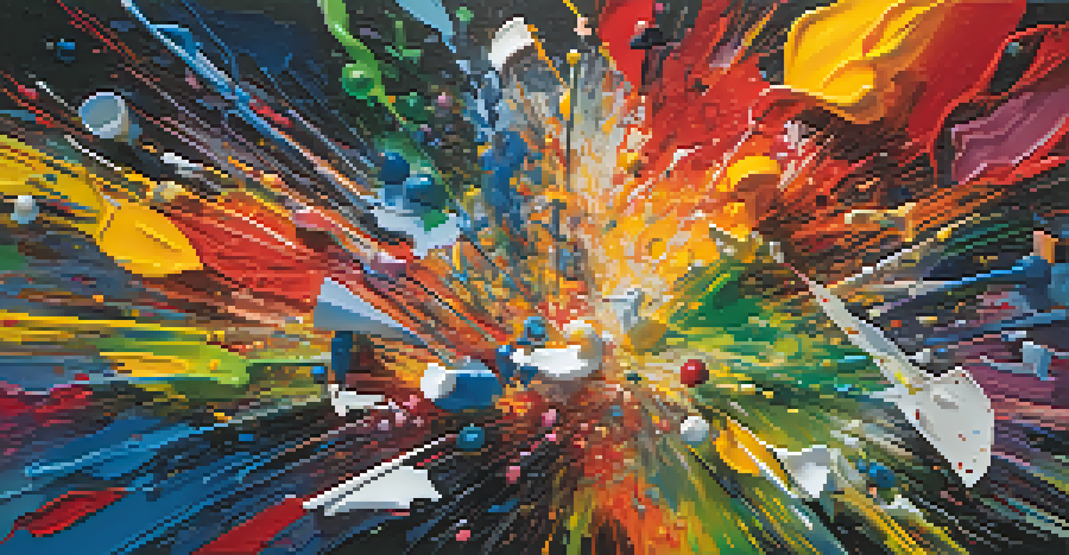 An abstract artwork with vibrant colors and spontaneous brushstrokes representing chaos and creativity.