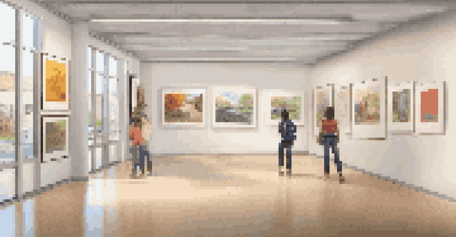 An art gallery in a school featuring student artwork, designed with an open layout and soft lighting, creating an inviting atmosphere.