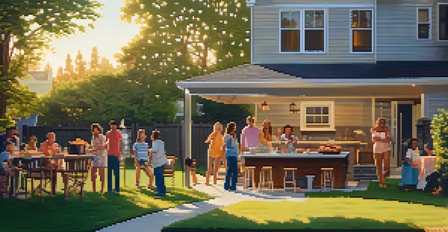 A warm family barbecue scene in a suburban backyard during golden hour.