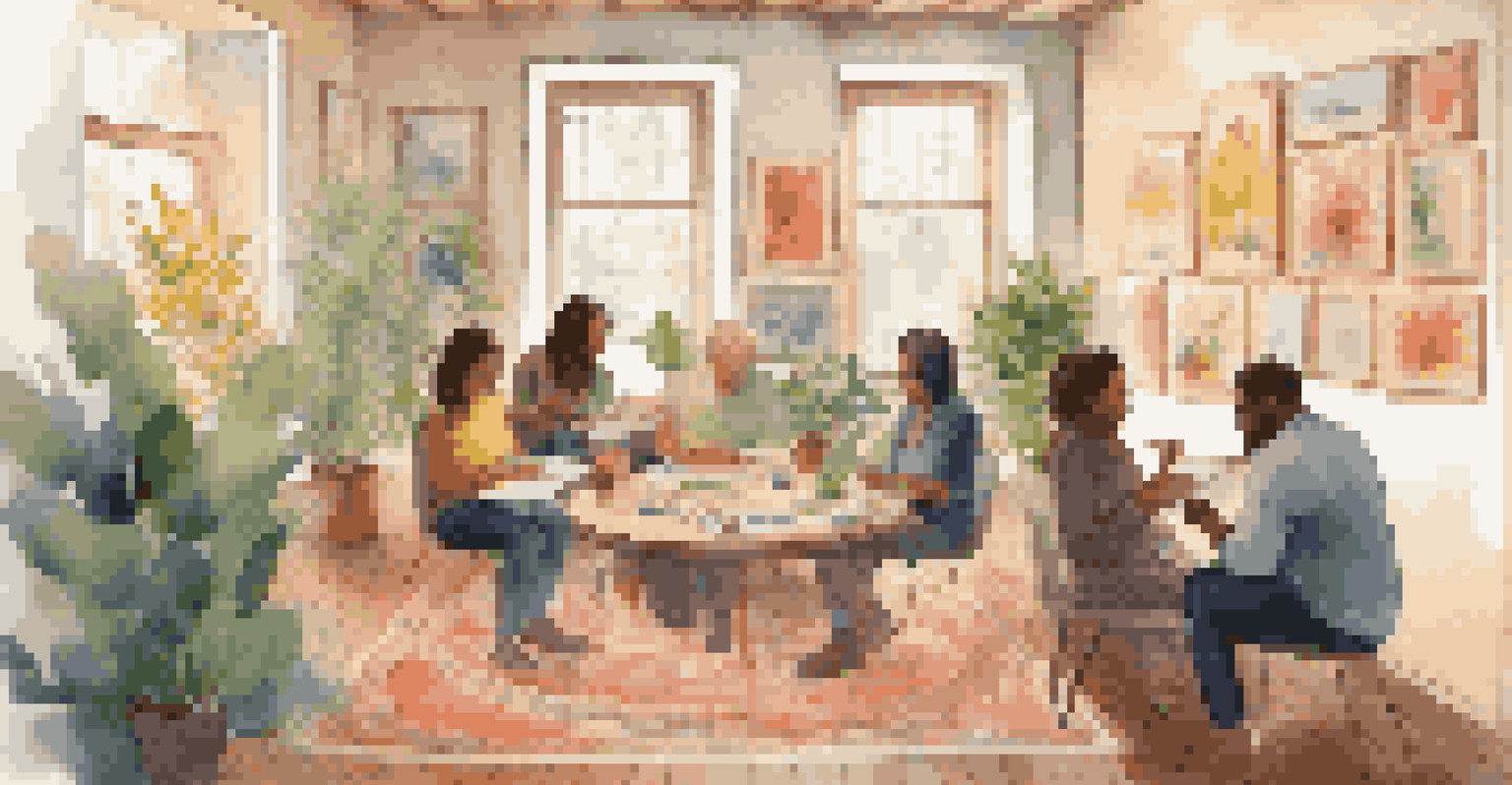 A peaceful art therapy session with individuals creating art in a cozy, warmly lit room.