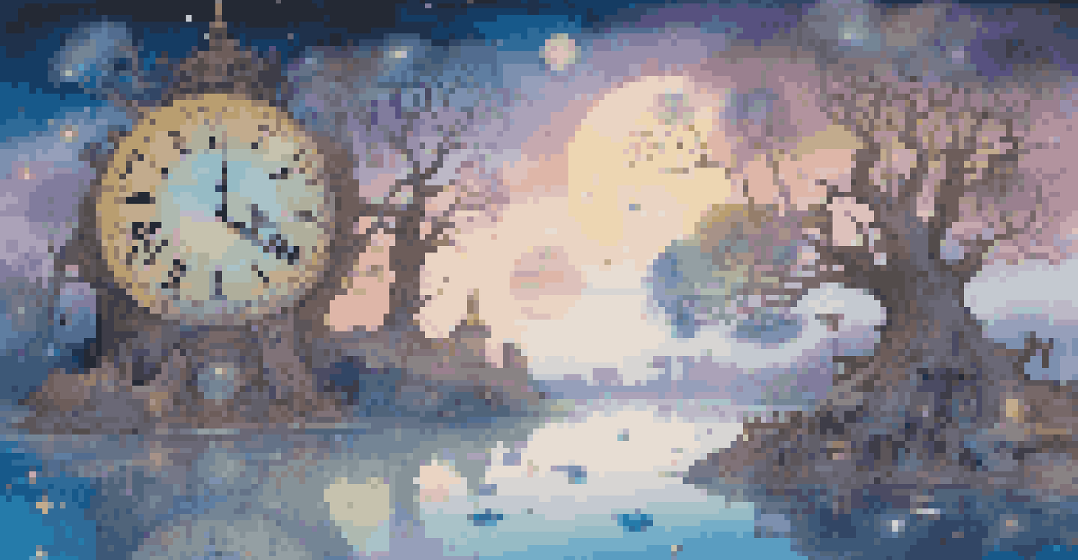A surreal dreamscape with a melting clock on a tree, floating islands, whimsical creatures, and a starry night sky.