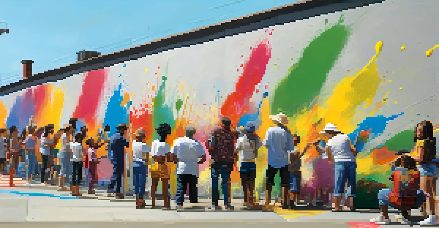 An artist painting a mural with community members watching and engaging in the process.