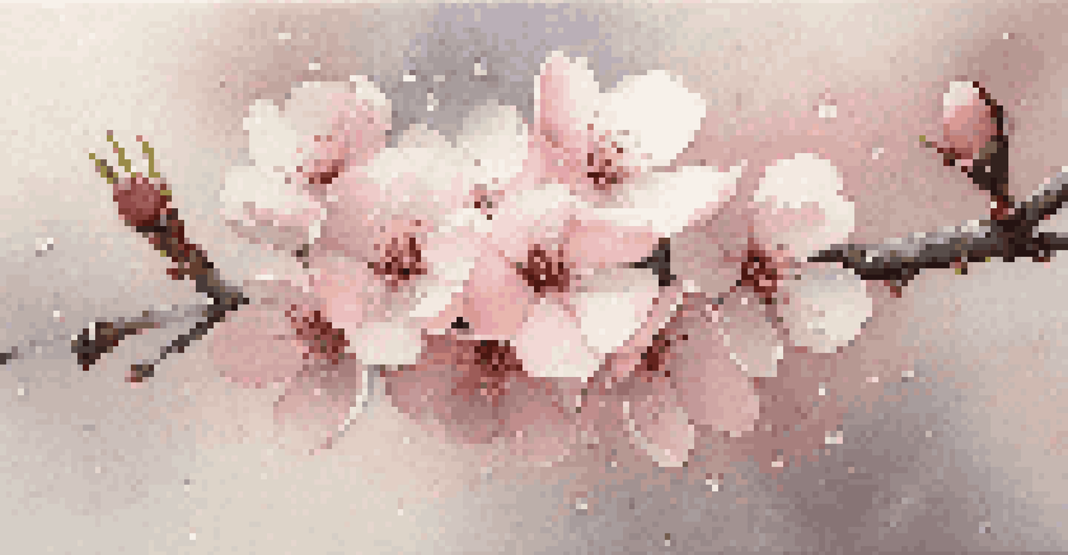 A close-up of cherry blossoms in bloom with dew drops, showcasing their delicate beauty against a soft background.