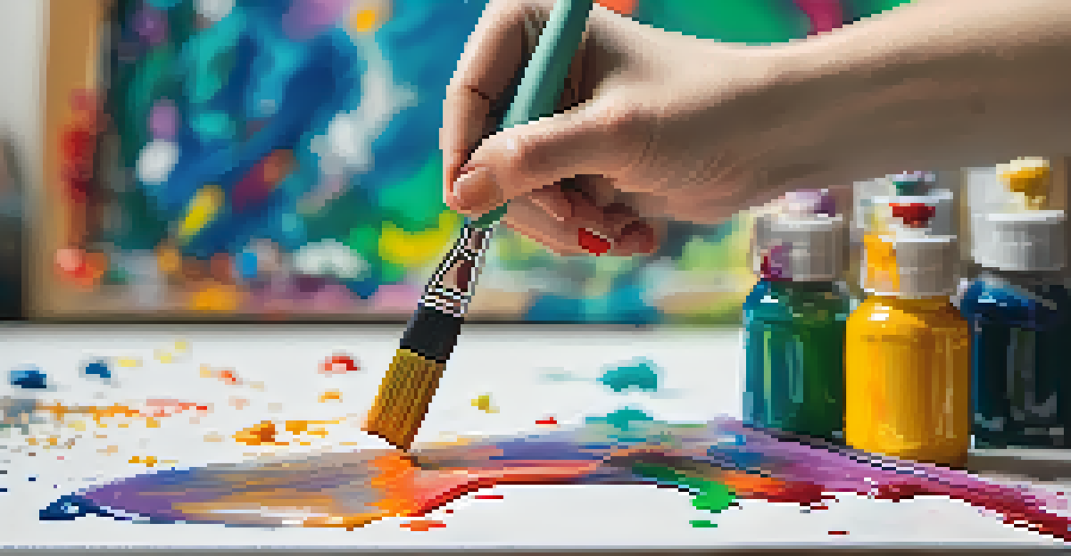 A close-up of a hand holding a paintbrush over a canvas, with colorful paint splashes around.