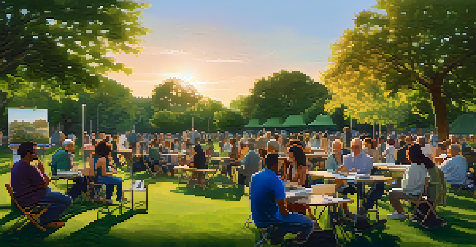 A community art forum in a park, with diverse individuals sharing ideas and displaying artworks, surrounded by greenery and a golden sunset.