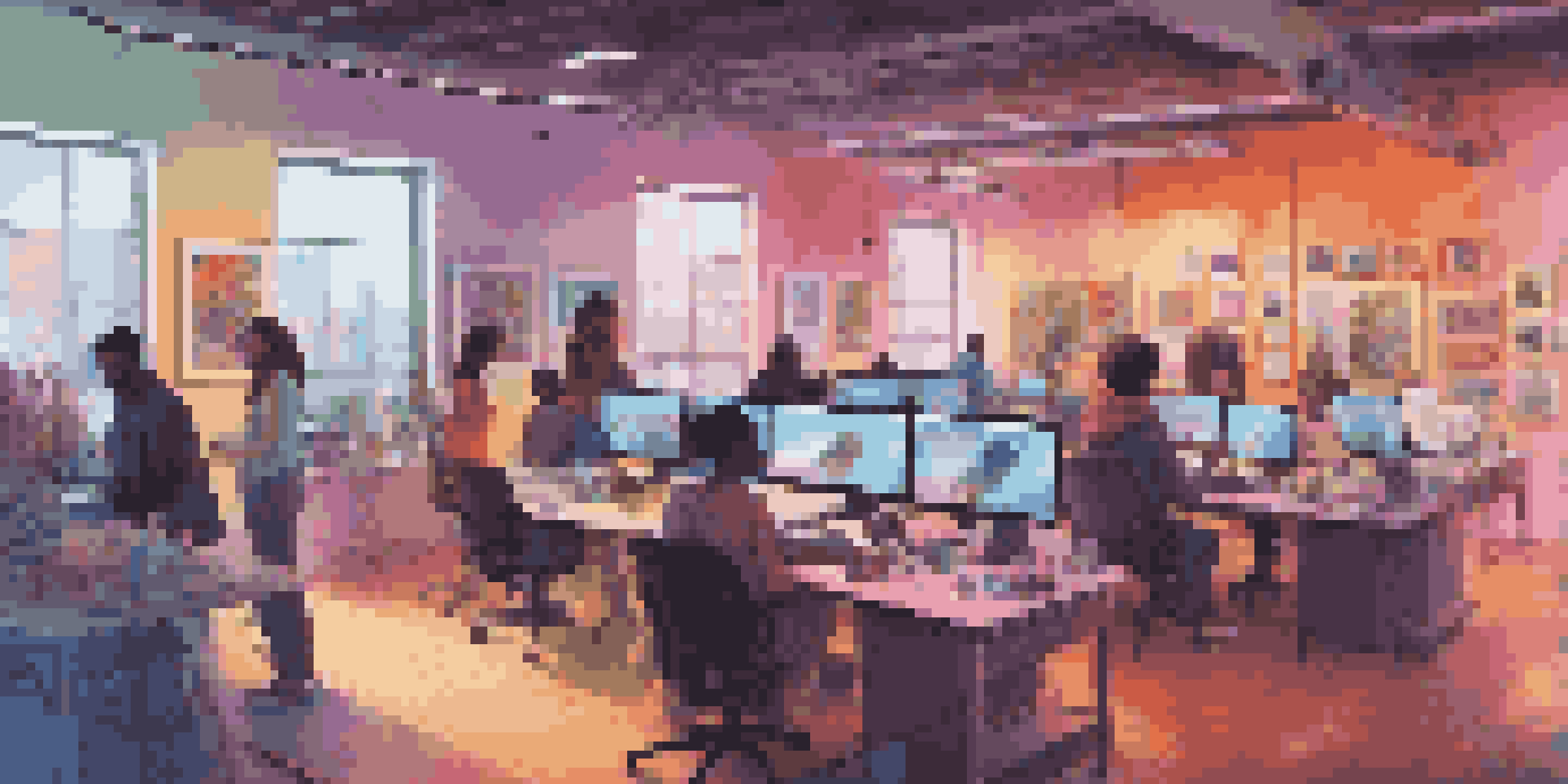 A digital art studio with diverse artists working on devices, colorful lighting, and artworks on the walls.