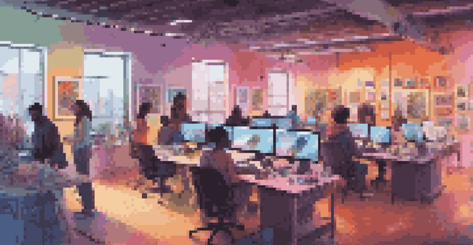 A digital art studio with diverse artists working on devices, colorful lighting, and artworks on the walls.